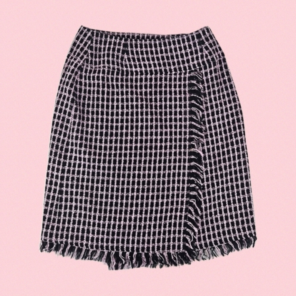Vintage Boucle Fringe Hem Work Skirt Pink Black, 10